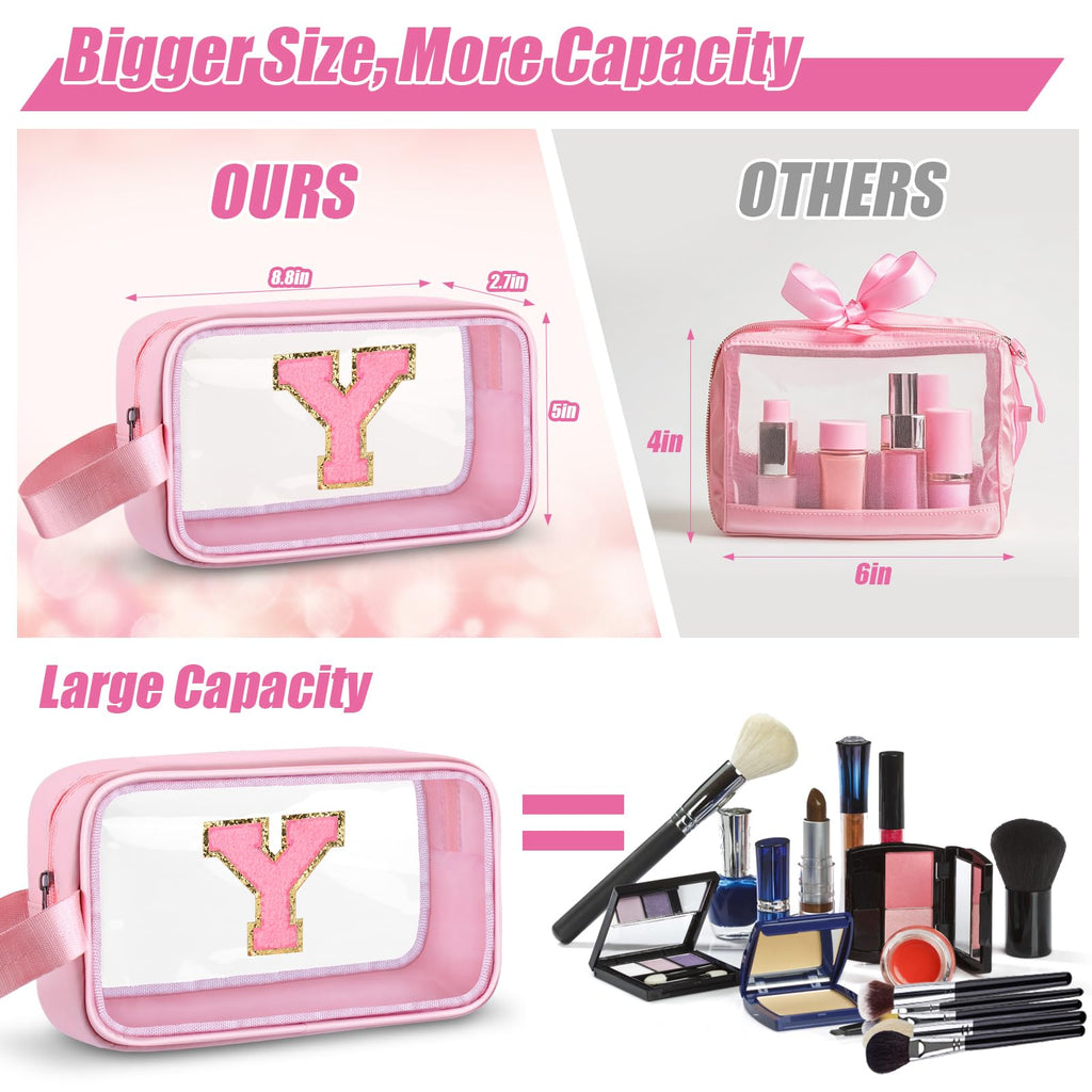Vodolo Initial Makeup Bag,Letter Y Cute Clear Monogrammed Cosmetic Travel Bag for Womens Girls,Personalized Pink Aesthetic Traveling Make Up Organizer Bag for Beach,Waterproof Toiletry Bag