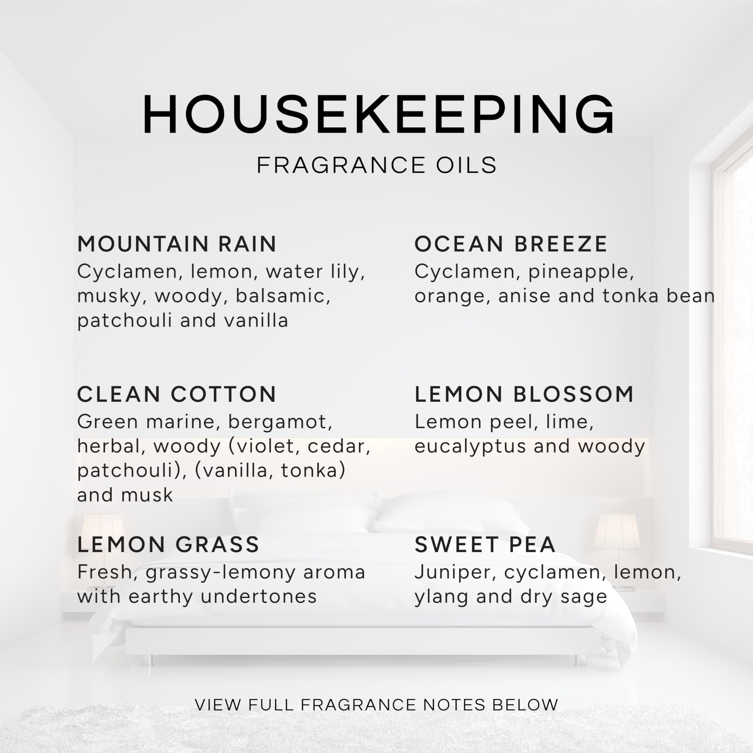 Eternal Essence Oils Housekeeping Set of 6 Premium Fragrance Oils - Includes Clean Cotton, Lemon Blossom, Lemon Grass, Sweet Pea, Ocean Breeze and Mountain Rain Scented Oils - 10ML