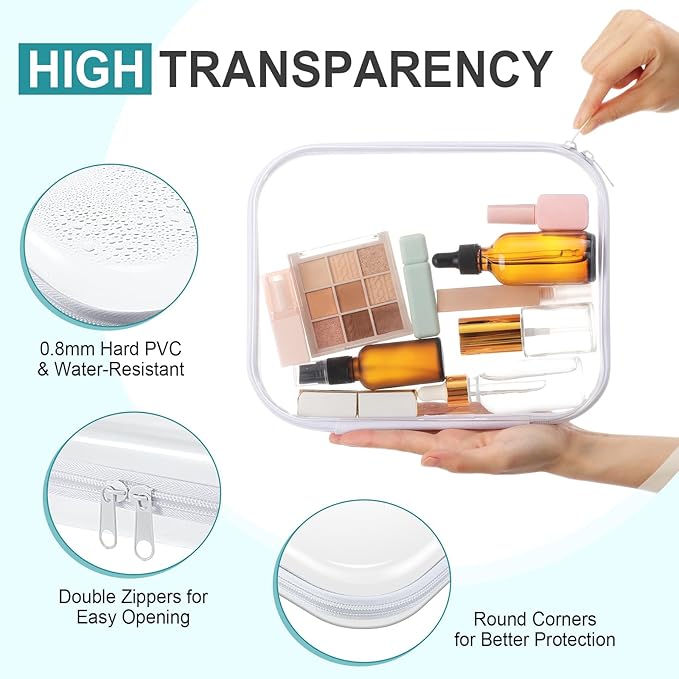 Hoolerry 3 Pcs Clear Hard Zipper Case Hard Plastic Zipper Pouch Makeup Bag Portable Travel Organizer for Cosmetics, Office Supplies, Documents & Toiletries(White,Mss)