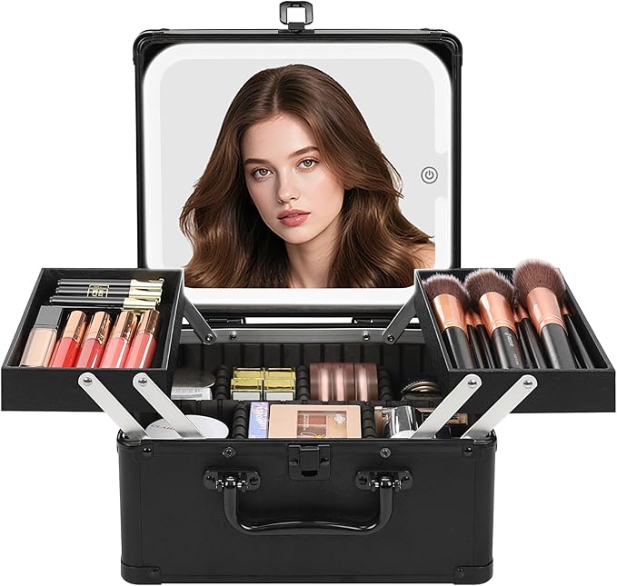 Chomeiu Makeup Bag with Mirror, Makeup Case Organizer with Brush Holder
