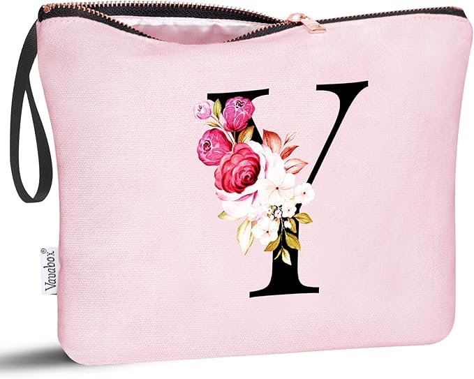 Vavabox A-Z Personalized Makeup Bag, Birthday Gifts for Women Mom, Gifts for Best Friend, Bride Bridesmaid Cosmetic bag (Y, 06-Pink)