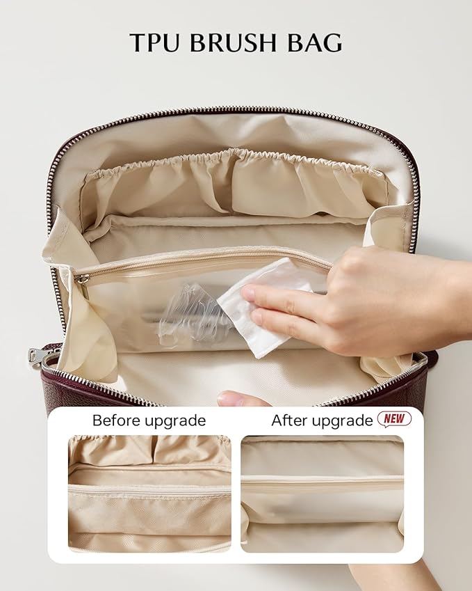 EACHY Travel Makeup Bag, Lychee Leather Large Capacity Cosmetic Bag for Women, Open Flat Toiletry Bag with TPU Brush Compartment, Waterproof Skincare Organizer Travel Essentials