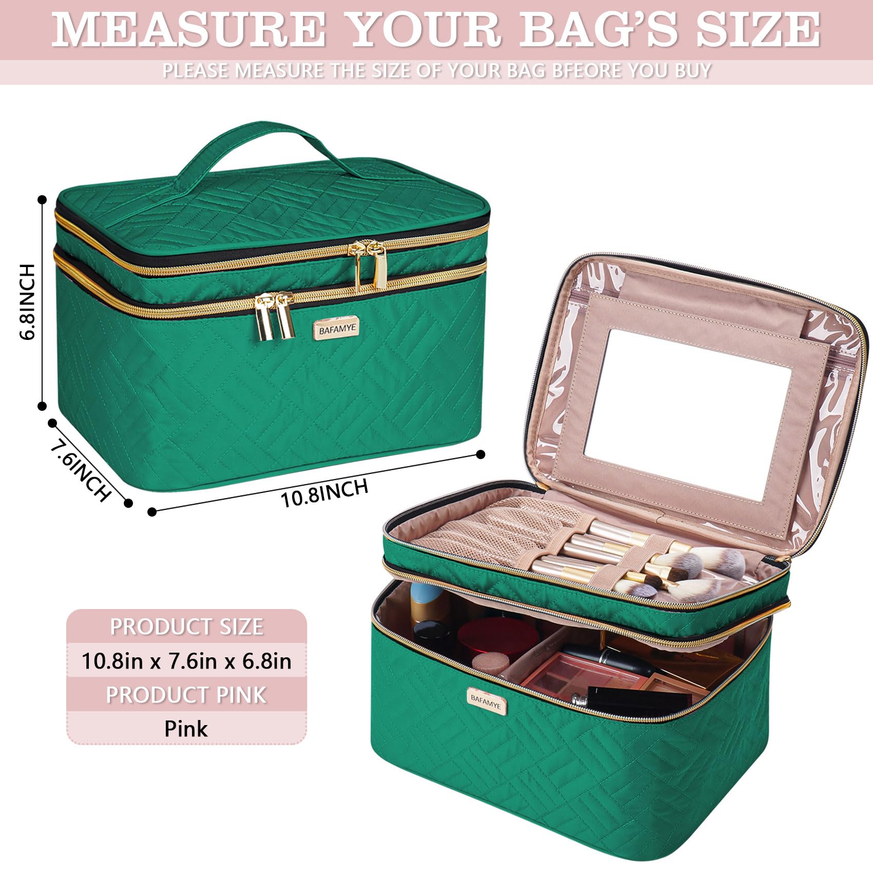 BAFAMYE 8.8L Double Layer Travel Makeup Bag With Mirror For Women, Large Cosmetic Case, Organizer for Travel-Size Accessories Bottles, Brushes,and Skin Care Products, 2.33 GAL, Green…
