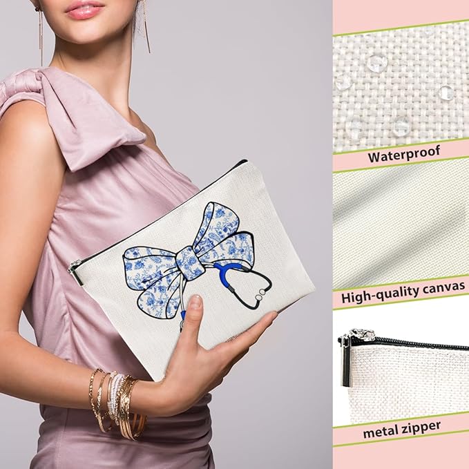 Nurse Gifts, Blue Bow Makeup Bag, Nurse Accessories Funny Cosmetic Bag