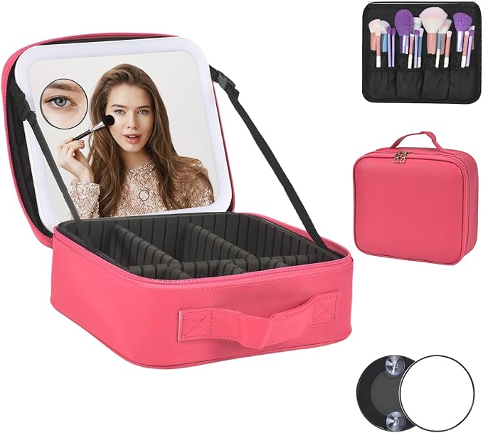 Yaliang Travel Makeup Bag with Mirror & 6 Adjustable EVA Dividers, Rose Red