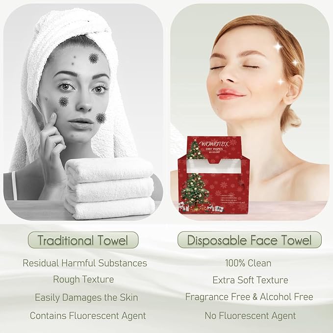 Christmas Style WOWOTEX Disposable Face Towels 120 Count Large Dry Wipes