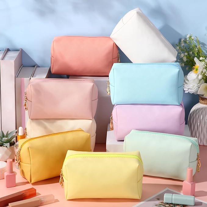 Sanwuta 9 Pcs Makeup Bags Bulk Bridesmaid Proposal Gifts Cosmetic Bags Preppy PU Leather Double Zipper Toiletry Pouch Portable Travel Organizer Case for Women Bachelorette Gift(Macaron Colors)