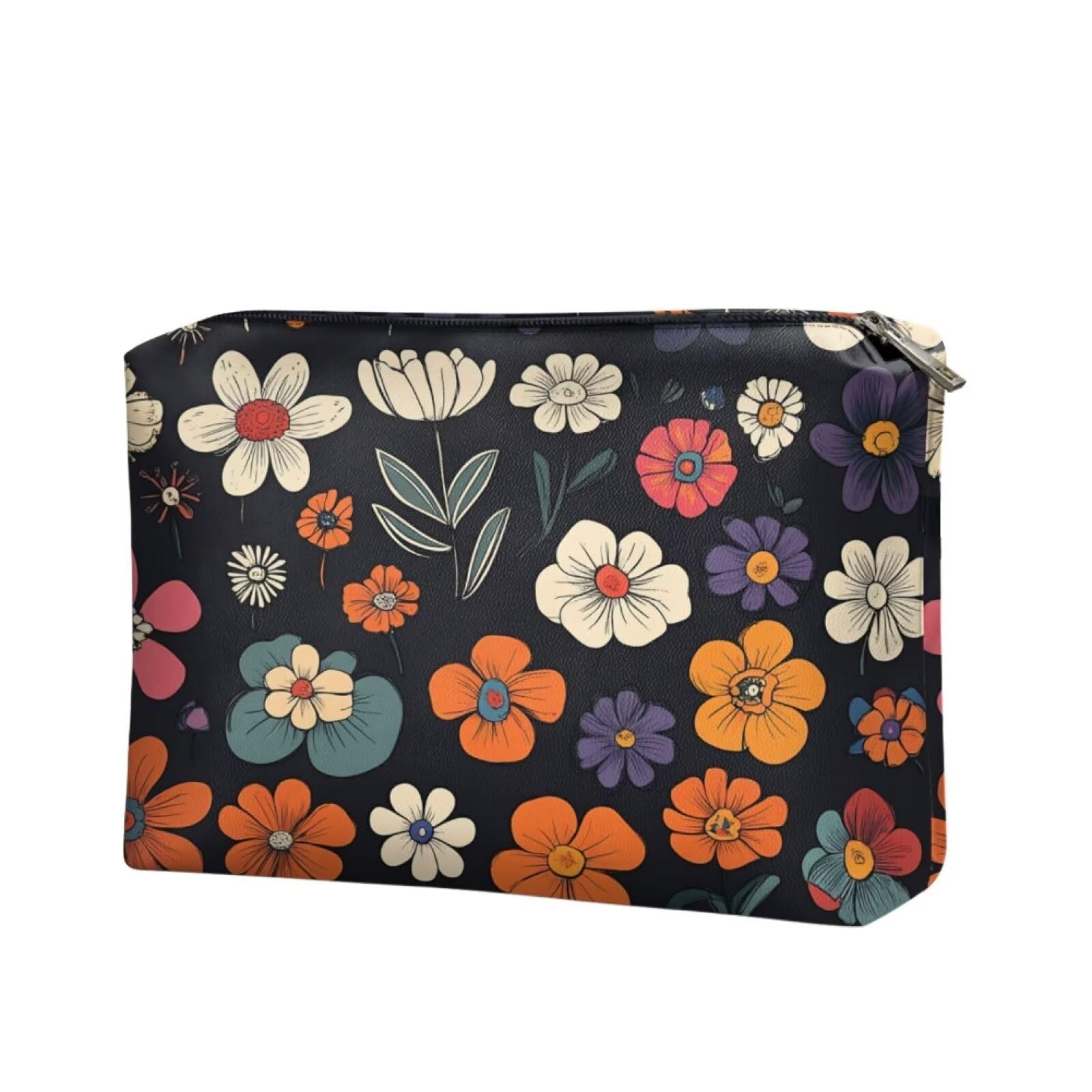 COEQINE Leather Cosmetic Purses for Women Large Capacity Floral Makeup Travel Bag With Zipper Portable Soft Pu Cosmetic Purse for Women Casual formal Wedding Handbag Cosmetic Travel Storage Bag