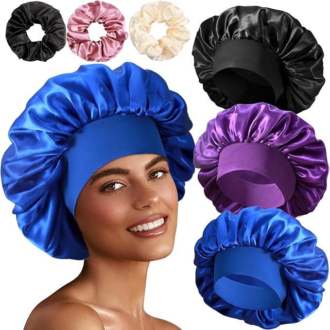 3+3 Large Satin Bonnets with Scrunchies for Women, Wide Band Hair Bonnet for Sleeping Braids Curly Hair, C
