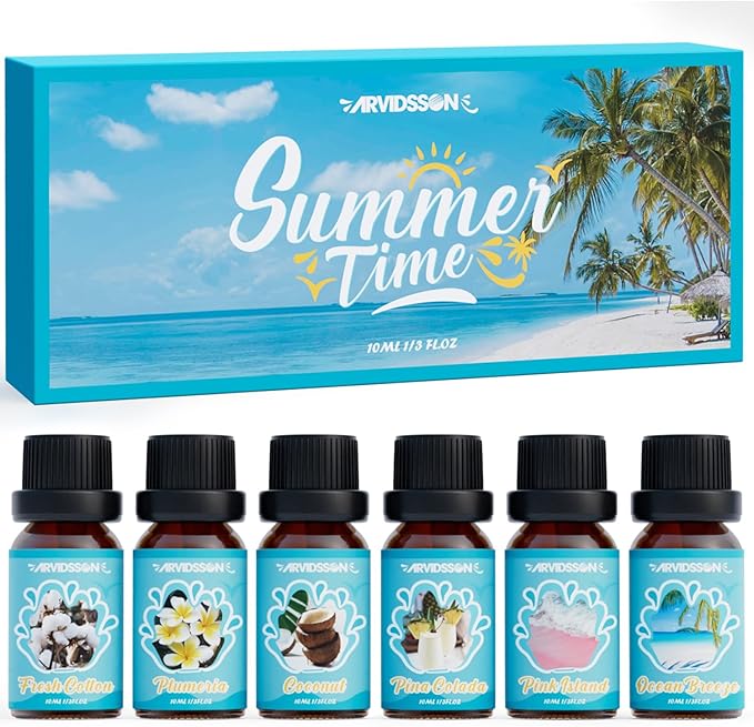 ARVIDSSON Summer Essential Oils Set, Tropical Fragrance Oil for Diffuser, Soap and Candle Making - Ocean Breeze, Pina Colada, Fresh Cotton, Pink Sand, Plumeria, Coconut, Scented Oil for Home