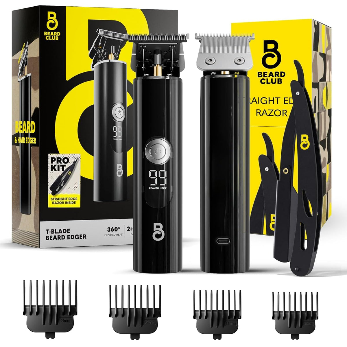 The Beard Club Professional T-Blade Beard Trimmer for Men with Straight Razor - Barber Electric Shaver & Hair Clippers for Men – Zero Gapped Cordless Hair Trimmer & Edger, Line Up Grooming Kit