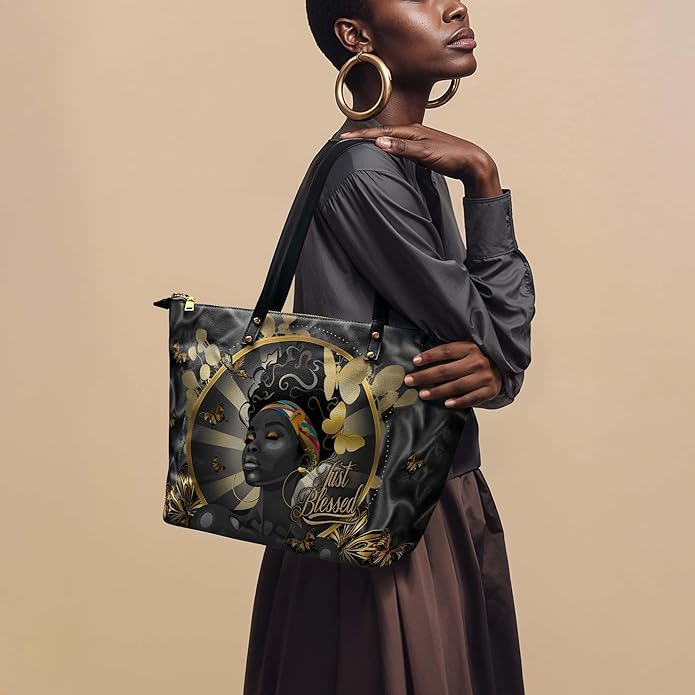 Afroyla African Black Women's Leather Tote Bag, Large Size, Premium Leather, Perfect Presents For Women (Barakaya, Premium Vegan Leather)