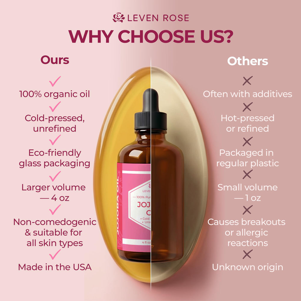 Leven Rose Jojoba Oil Organic Cold Pressed for Skin, Hair & Nails, 4 oz