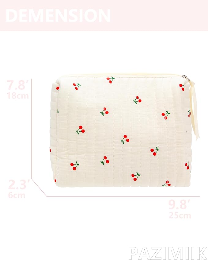 Quilted Makeup Pouch for Women, Travel Cosmetic&Toiletry Bag,Cherry Beige