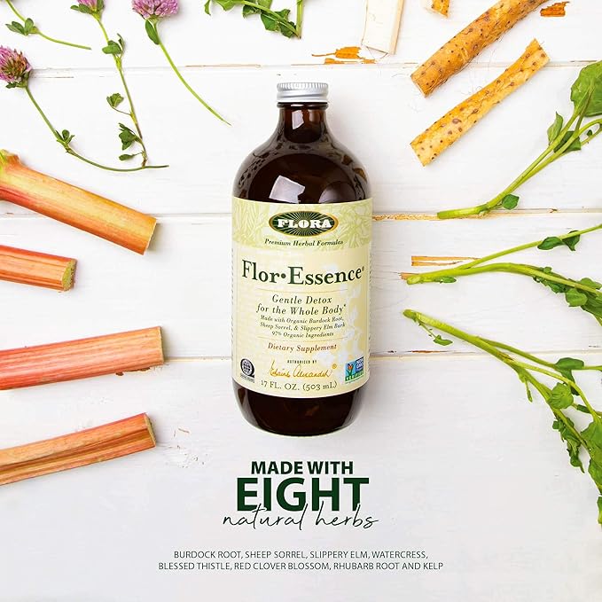 Flora - Flor-Essence - Gentle Detox Tea for a Full-Body Cleanse - Contains Organic Slippery Elm Bark, Rhubarb, Burdock Root & More - Vegan, Non-GMO & Gluten-Free - 32 fl. oz.