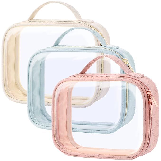 PACKISM Clear Makeup Bag - TSA Approved Toiletry Bag, 3 Blue Pink Yellow