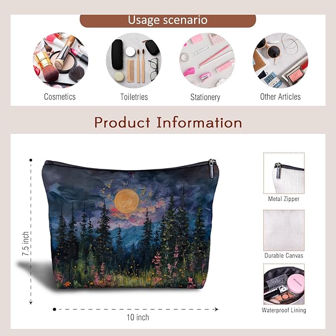 Zomhix Full Moon Above the Wildflowers Makeup bag, Cottagecore Accessories Cosmetic Bag, Cottagecore Gifts, Mystical Under Cold Moons Scenic Cosmetic Bag Toiletry Bag
