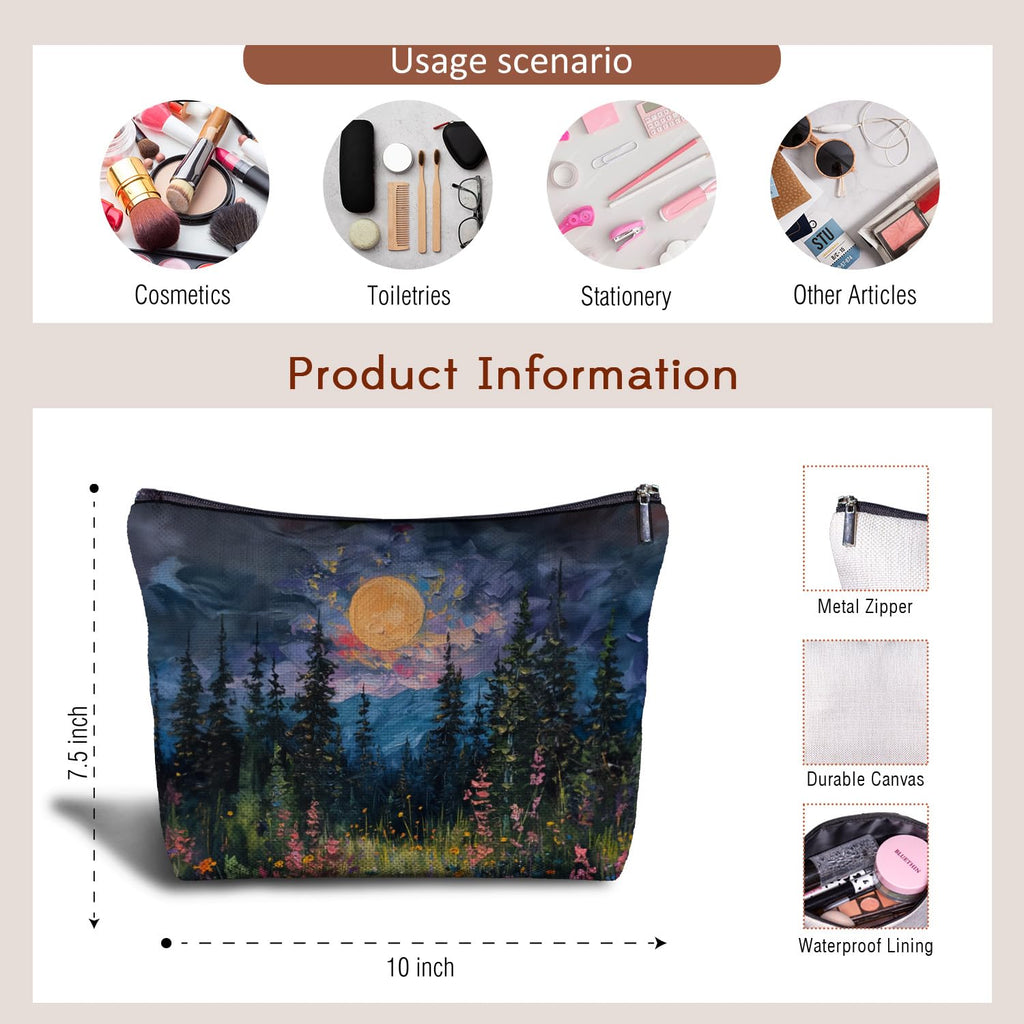 Zomhix Full Moon Above the Wildflowers Makeup bag, Cottagecore Accessories Cosmetic Bag, Cottagecore Gifts, Mystical Under Cold Moons Scenic Cosmetic Bag Toiletry Bag