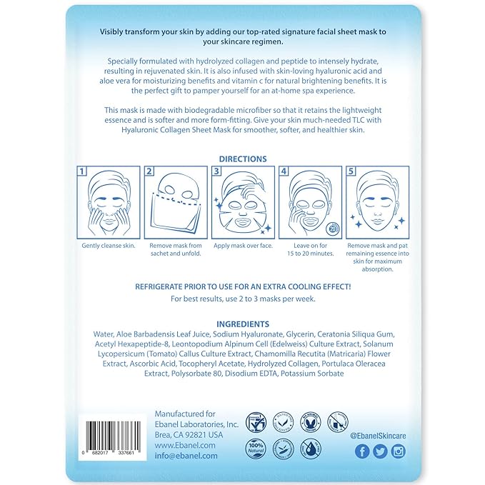 Ebanel 40-Pack Collagen Face Mask with Hyaluronic Acid, Vitamin C, Peptide