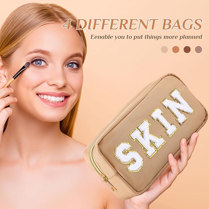 Remerry 4 Pcs Nylon Makeup Bags Waterproof Spacious Travel Cosmetic Bag for Women Chenille Letter Preppy Zipper Pouch Face Stuff Skin Hair Organizer Gift(Brown Series)