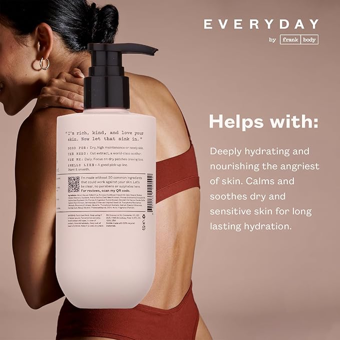 Frank Body Nourishing Body Lotion | Vegan & Cruelty Free | With Oat Extract, Avocado Oil & Squalene | Gentle, Calming and Last Hydration | Sandalwood & Vanilla Scented (250mL/ 8.45 fl oz)