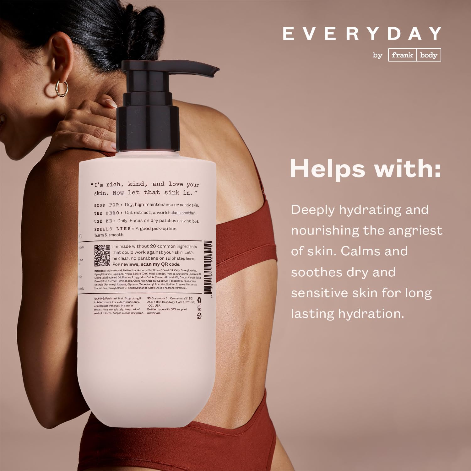 Frank Body Nourishing Body Lotion | Vegan & Cruelty Free | With Oat Extract, Avocado Oil & Squalene | Gentle, Calming and Last Hydration | Sandalwood & Vanilla Scented (250mL/ 8.45 fl oz)
