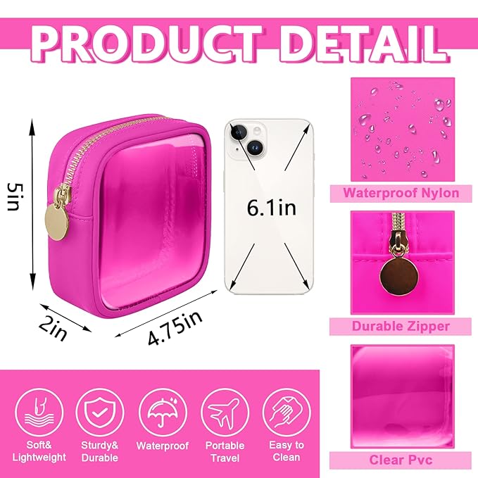 UIXIZQ Clear Mini Makeup Bag, Small Nylon&PVC Cosmetic Travel Bag TSA Approved Toiletry Bag with Zipper, Preppy Transparent Coin Purse for Women Men Girls(Mini-Hot Pink)
