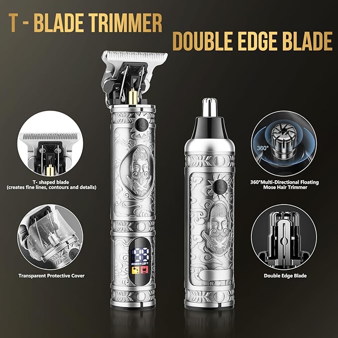 Bomxin Professional Hair Clippers for Men T-Blade Barber Clippers and Trimmer Set Nose Hair Trimmer Foil Shavers for Men Clippers for Hair Cutting, LCD Display