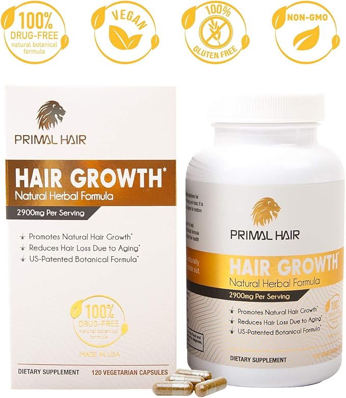 Primal Hair 3 PK- 100% Natural Growth Treatment, Reduces Hair Loss, US Patented Formula Proven Effective for Men & Women, 100% Vegan, Non-GMO, 90-Day Supply, 3 Pack