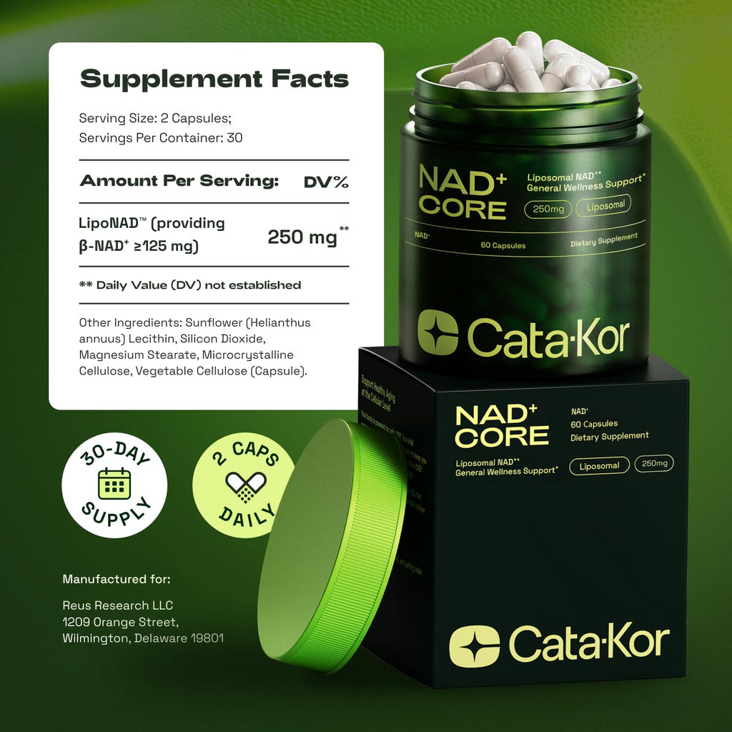Cata-Kor NMN Supplement Alternative – Liposomal NAD+ Supplement - NAD CORE 60-Day Supply 120 Capsules