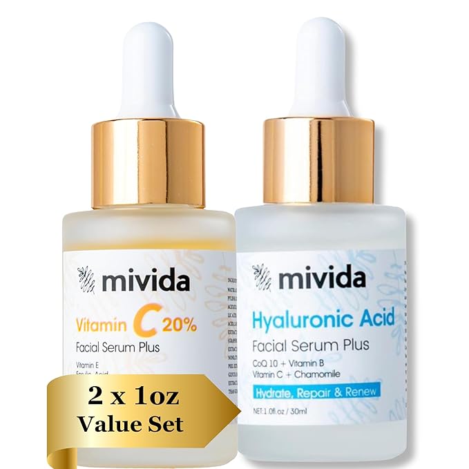 mivida Anti-Aging Duo, 20% Vitamin C Serum + Hyaluronic Acid Serum for Face | Reducing Fine Lines, Soothing, Plumping, Sensitive Skin Safe, Fragrance Free | 2x1floz