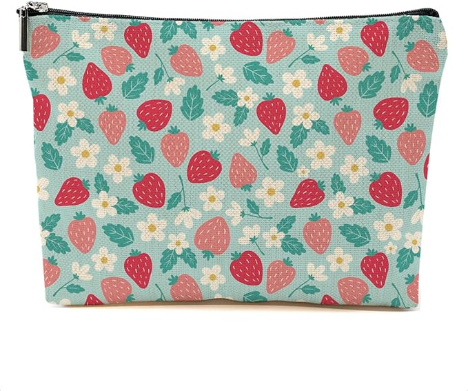 DHKG Cute Flowers Strawberry Makeup Bag Floral Cosmetic Bag Friend Friendship Gifts for Women Girls Sister Mom Coworker Botanical Travel Organizer Zipper Pouch Christmas Thanksgiving Birthday Gifts