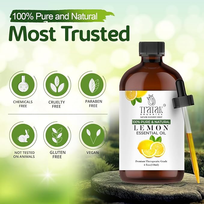 TRATAK ORGANICS Lemon Essential Oil with Glass Dropper - Huge 4 Fl Oz - 100% Pure and Natural Lemon Oil - Premium Grade Essential Oils for Diffuser, Aromatherapy, Soap and Candle Making