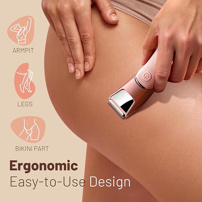 LGTGH Bikini Trimmer for Women with Mirror & LED Light, Pubic Hair Razor with Travel Lock & Ceramic Blades - Body Groomer IPX7 Waterproof Use - Pastel Red
