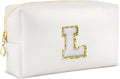 URSKYTOUS Gifts for Girls Initial Makeup Bag Personalized Cosmetic Bag with Zipper Cute Travel Toiletry Bags Waterproof PU Preppy Makeup Pouch Birthday Gift for Teen Girls Women(White L)
