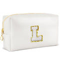 URSKYTOUS Gifts for Girls Initial Makeup Bag Personalized Cosmetic Bag with Zipper Cute Travel Toiletry Bags Waterproof PU Preppy Makeup Pouch Birthday Gift for Teen Girls Women(White L)