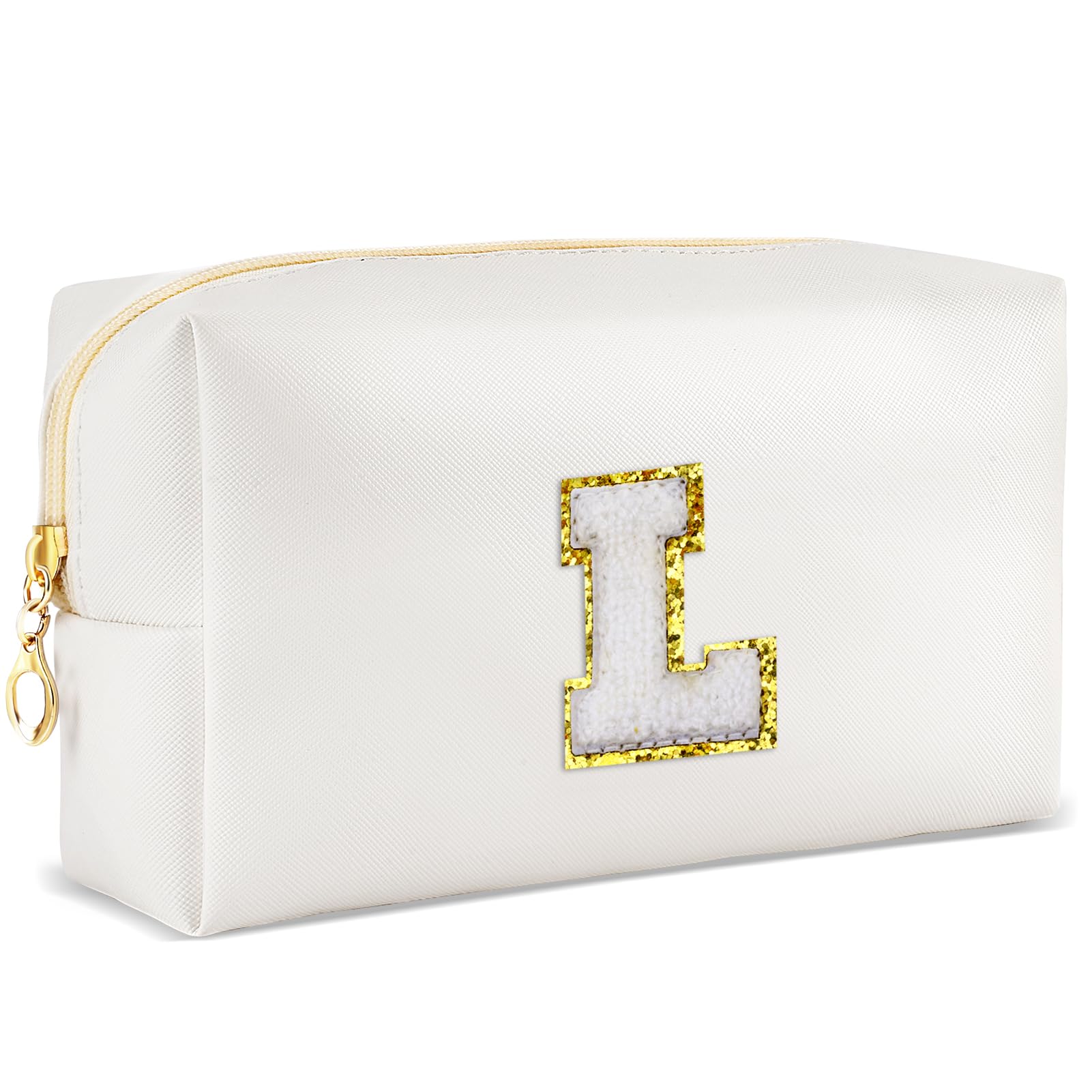 URSKYTOUS Gifts for Girls Initial Makeup Bag Personalized Cosmetic Bag with Zipper Cute Travel Toiletry Bags Waterproof PU Preppy Makeup Pouch Birthday Gift for Teen Girls Women(White L)