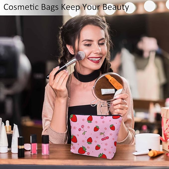 Kalygon Strawberry Makeup Bags Makeup Organizer, Summer Strawberries Cherries Pink Flax Toiletry Bags Travel Cosmetic Bag Makeup Purse Pouch Skincare Bag Wallet Bags For Women Female Mom Daughter