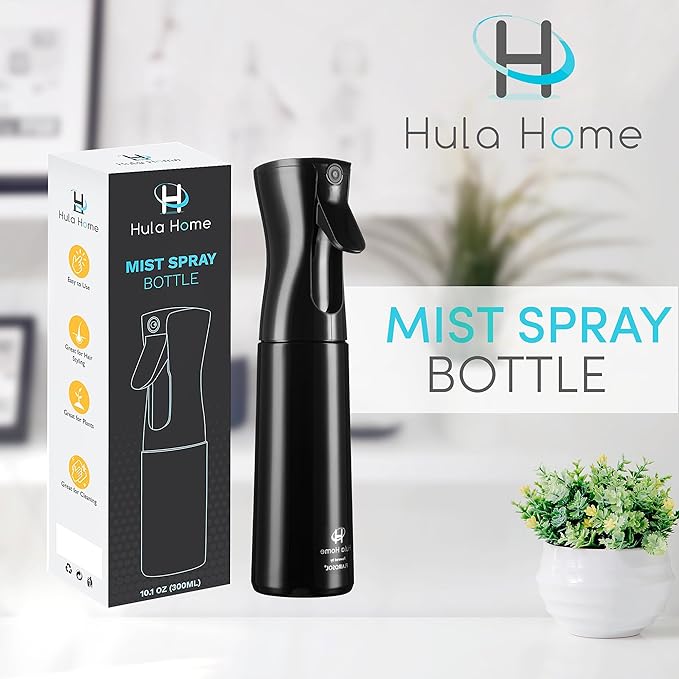 Hula Home Spray Bottle for Hair (10.1oz/300ml) - Continuous Ultra Fine Mist Sprayer – For Hairstyling, Cleaning, Salons, Plants, Essential Oil & More - Black
