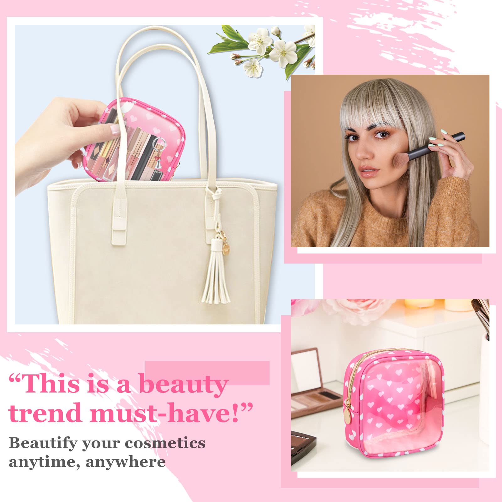 Mini Clear Travel Makeup Organizer Bag for Purse, Samll Cute Preppy Pink Makeup Bag Cosmetic Zipper Pouch Purse, Transparent PVC & Nylon Waterproof Toiletry Storage Clutch for Women Girls(Pink Heart)
