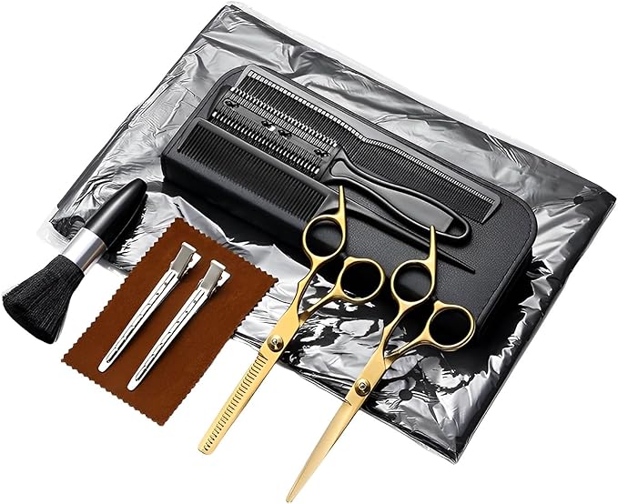 EOIFIV 11PCS Hair Cutting Scissors Kit, Professional Haircut Scissors with Stainless Steel Hair Shears, Thinning Shears, Haircut Accessories in Leather Case for Salon/Home (Gold)