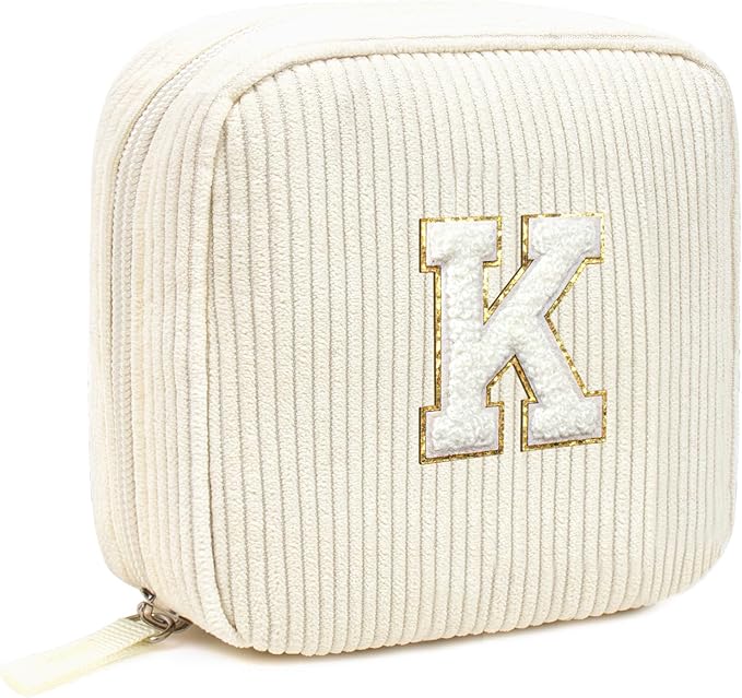 Cute Makeup Bag for Women - Monogram Personalized Initial Makeup Bags Cosmetic Pouch Make Up Case for Women Her Best Friend Friendship Sister Teacher, College Graduation Gifts for Her(Letter K, Beige)