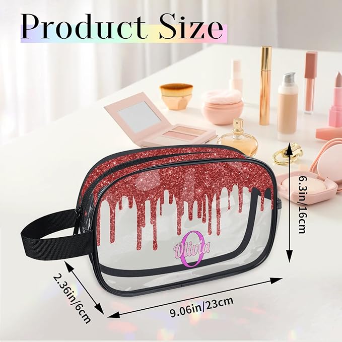KFNHN Personalized Travel Cosmetic Bag Waterproof Makeup Bags, Custom Name Clear PVC Organizer Case Toiletries Container Bag, Water Fluid Red Sequins