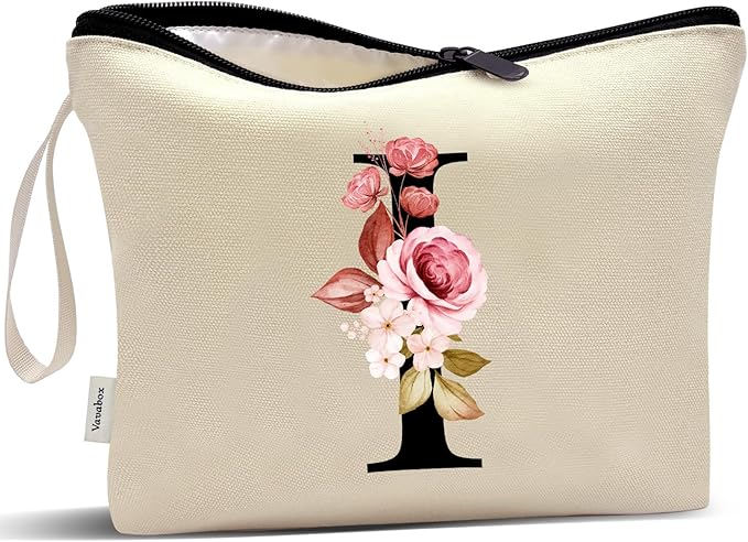 Vavabox A-Z Personalized Makeup Bag, Birthday Gifts for Women Mom, Gifts for Best Friend, Bride Bridesmaid Cosmetic bag (I, Cream Yellow)