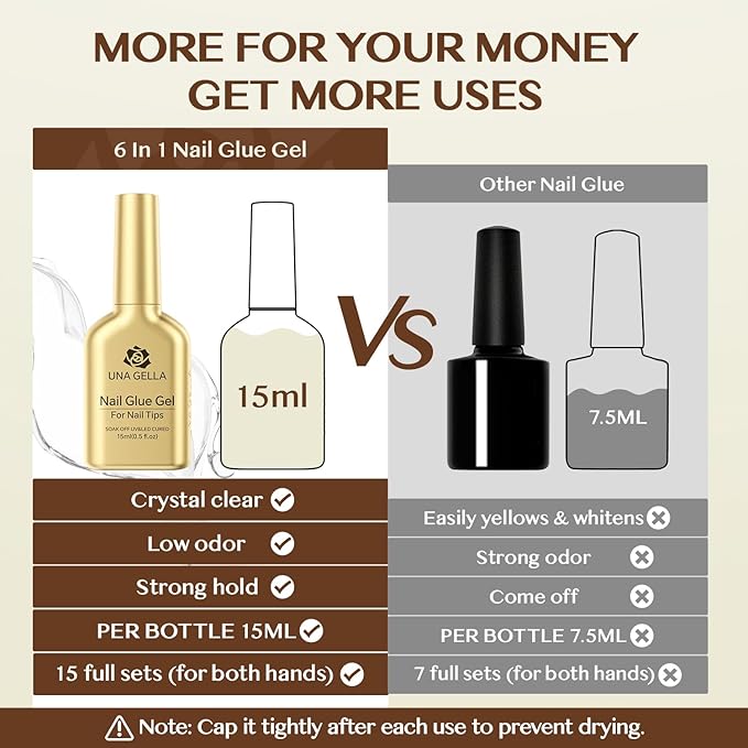 UNA GELLA 6 in 1 Gel Nail Glue for Clear Acrylic Nails Tips, 2Pcs 15ml Super Strong Brush U V Nail Glue Long Lasting Lamp Curing Required for Fake Nails Tips