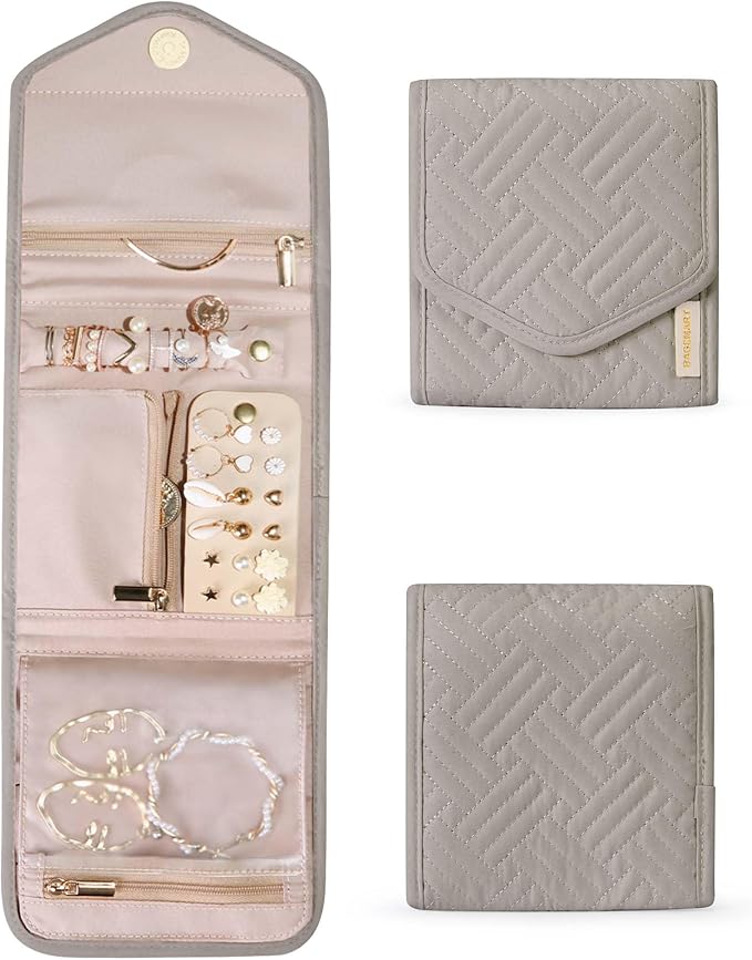 BAGSMART Travel Jewelry Organizer Case Foldable Jewelry Roll,Warm Gray