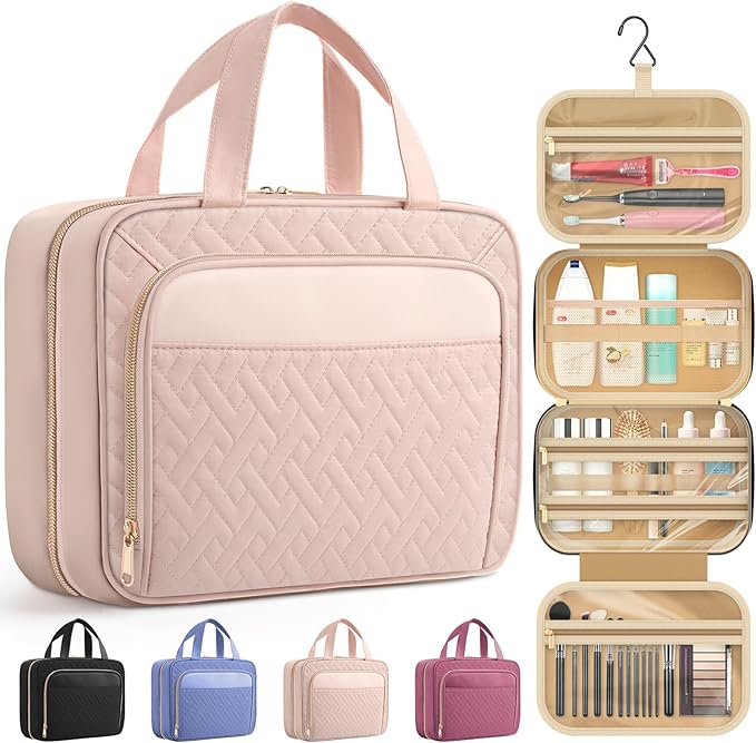 HOTOR Hanging Travel Toiletry Bag Women Men, Pale Pink, Medium