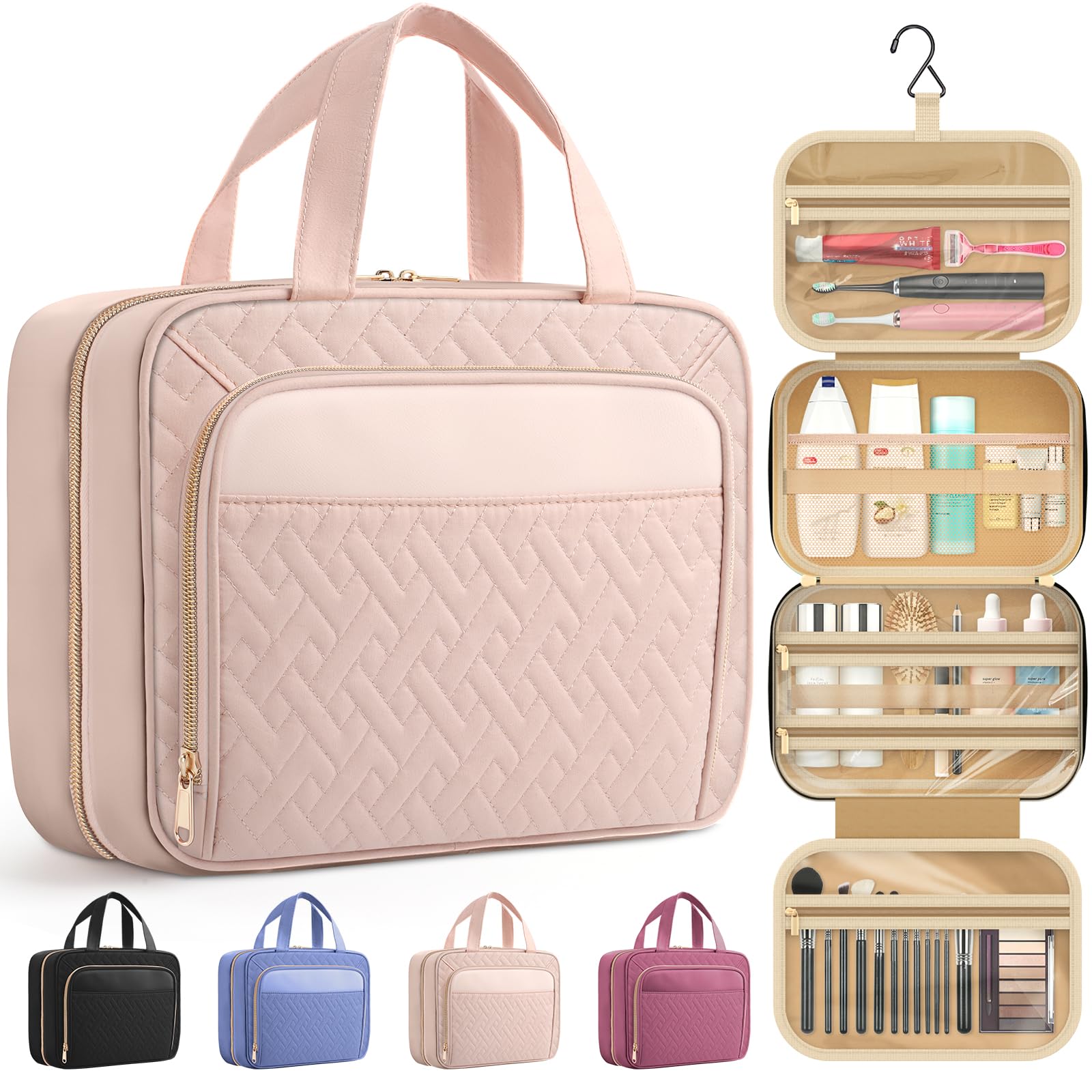 HOTOR Hanging Travel Toiletry Bag Women Men, Pale Pink, Medium