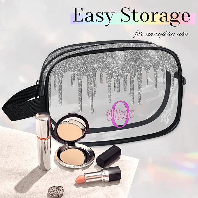KFNHN Custom Name Makeup Bag Travel Bag, Clear Toiletry Bag Travel Large Capacity Cosmetic Container Organizer for Shampoo, Shiny Stars Water Fluid Shape Silver Glittering