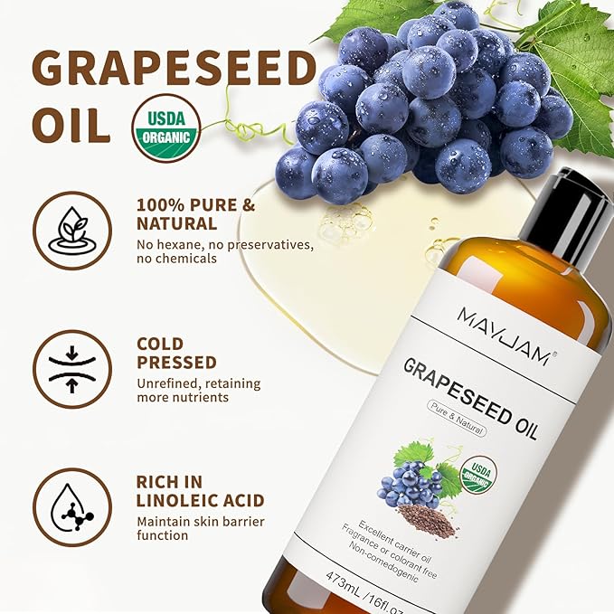 MAYJAM Organic Grapeseed Oil for Skin & Hair Care, USDA Certified, 16 Fl oz